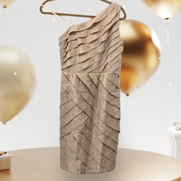 Adrianna Papell Tiered One Shoulder Gold Shimmery Cocktail Dress Sz 4 - Picture 2 of 11